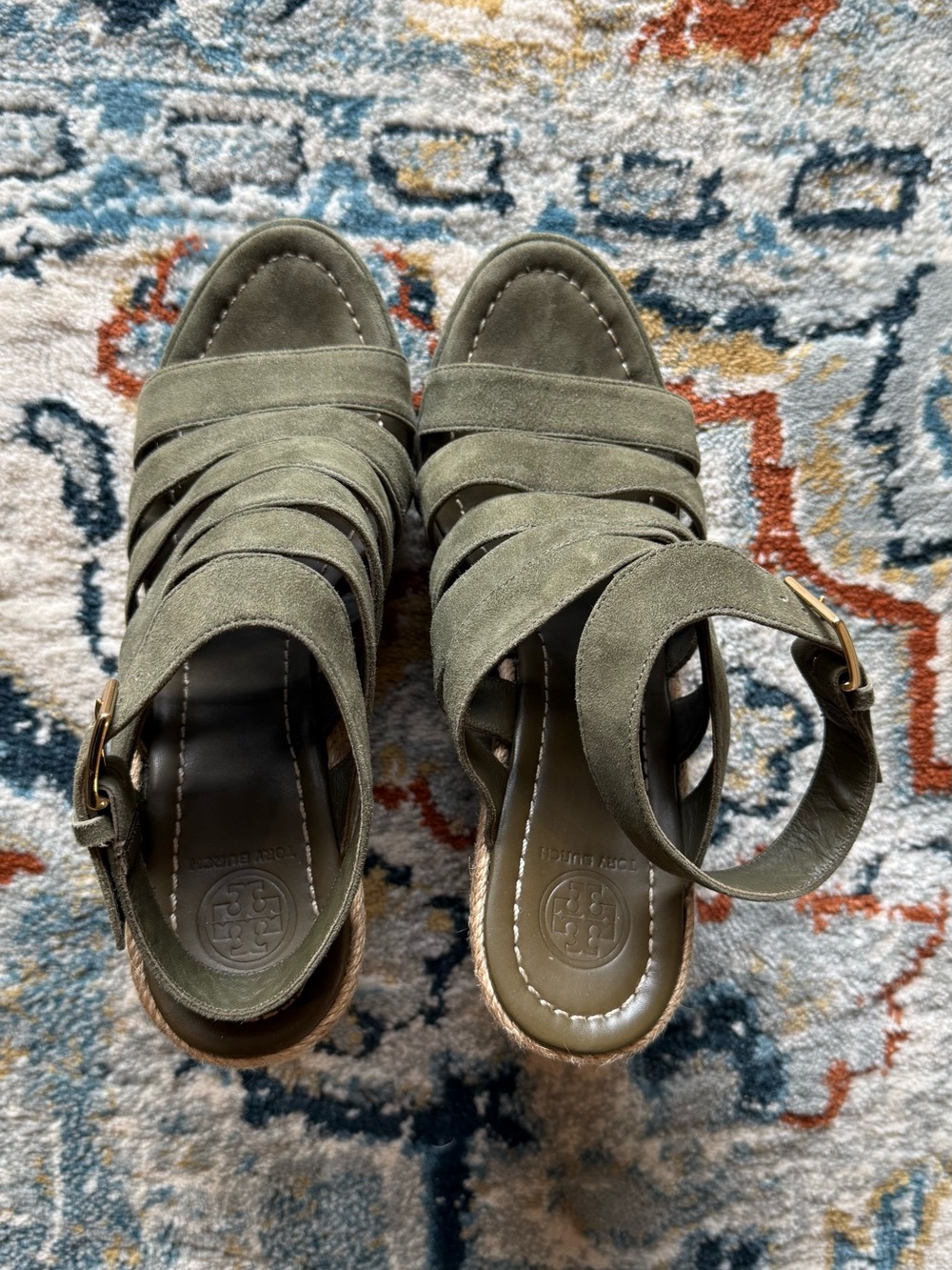 Tory Burch Olive Suede Strappy Wedge Sandals